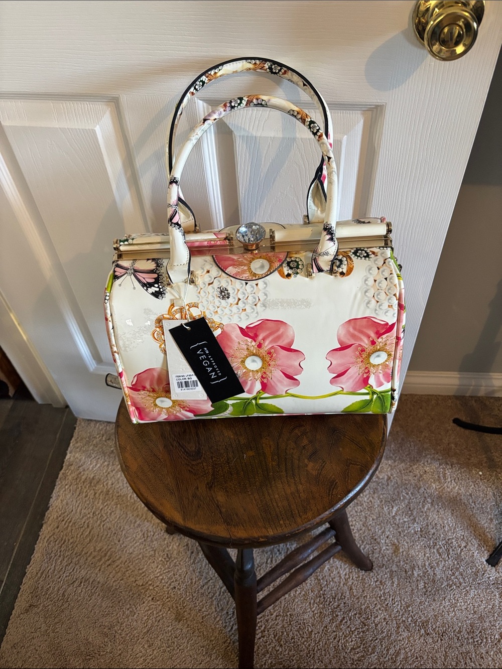 New Vegan Floral Top-Handle Satchel - White with Pink Flowers Free Shipping!